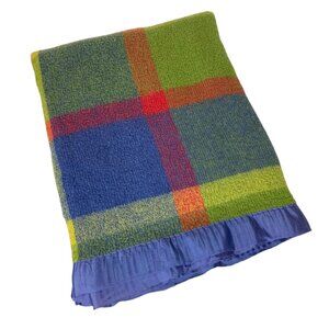 Vintage Acrylic Plaid Blanket With Satin Trim Twin Size 77x66 Blue Orange